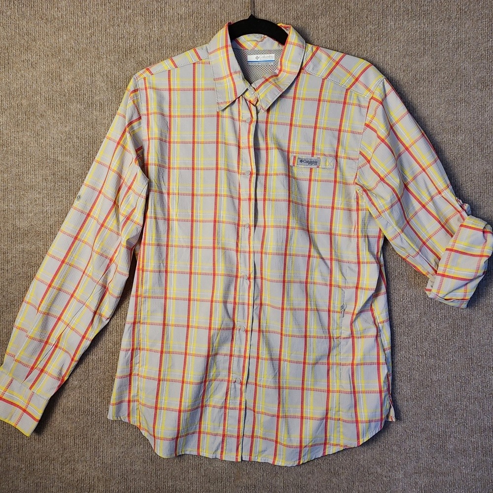 Columbia PFG Fishing Shirt Womens Large Blue Yellow Plaid Excellent Long Sleeve
